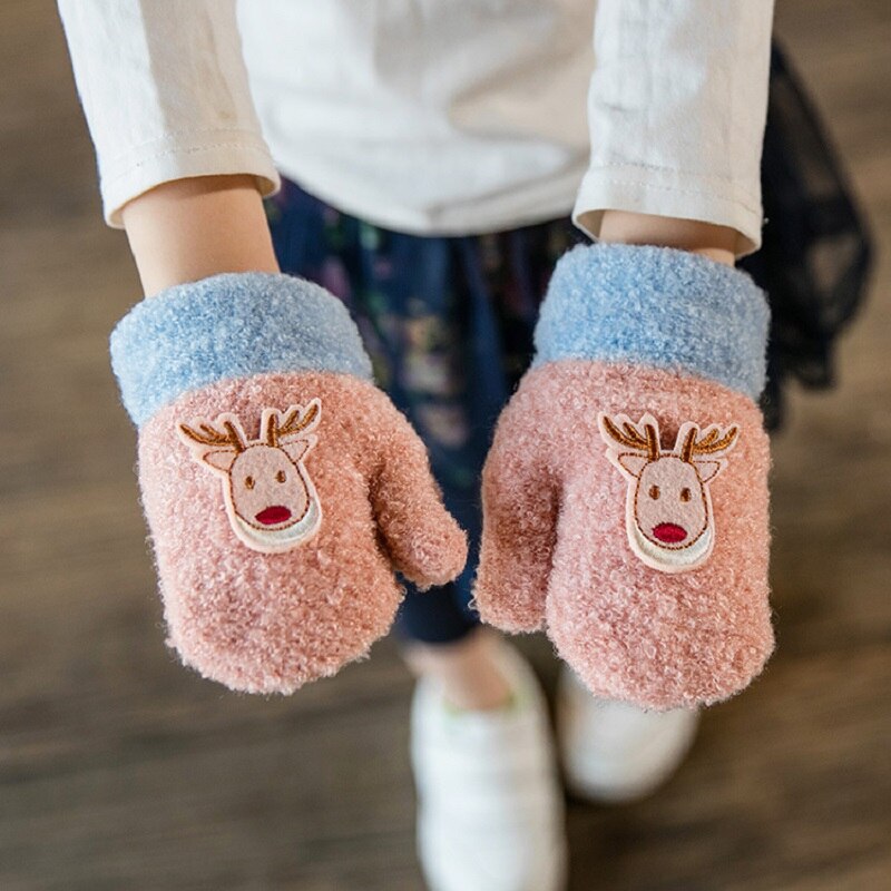 Winter Jungen Mädchen Plüsch Nähte Handschuhe Nette Elch Kleinkind Volle Finger Dicke Wärmer Handschuhe Fäustlinge freundlicher freundlicher Handschuhe: Rosa