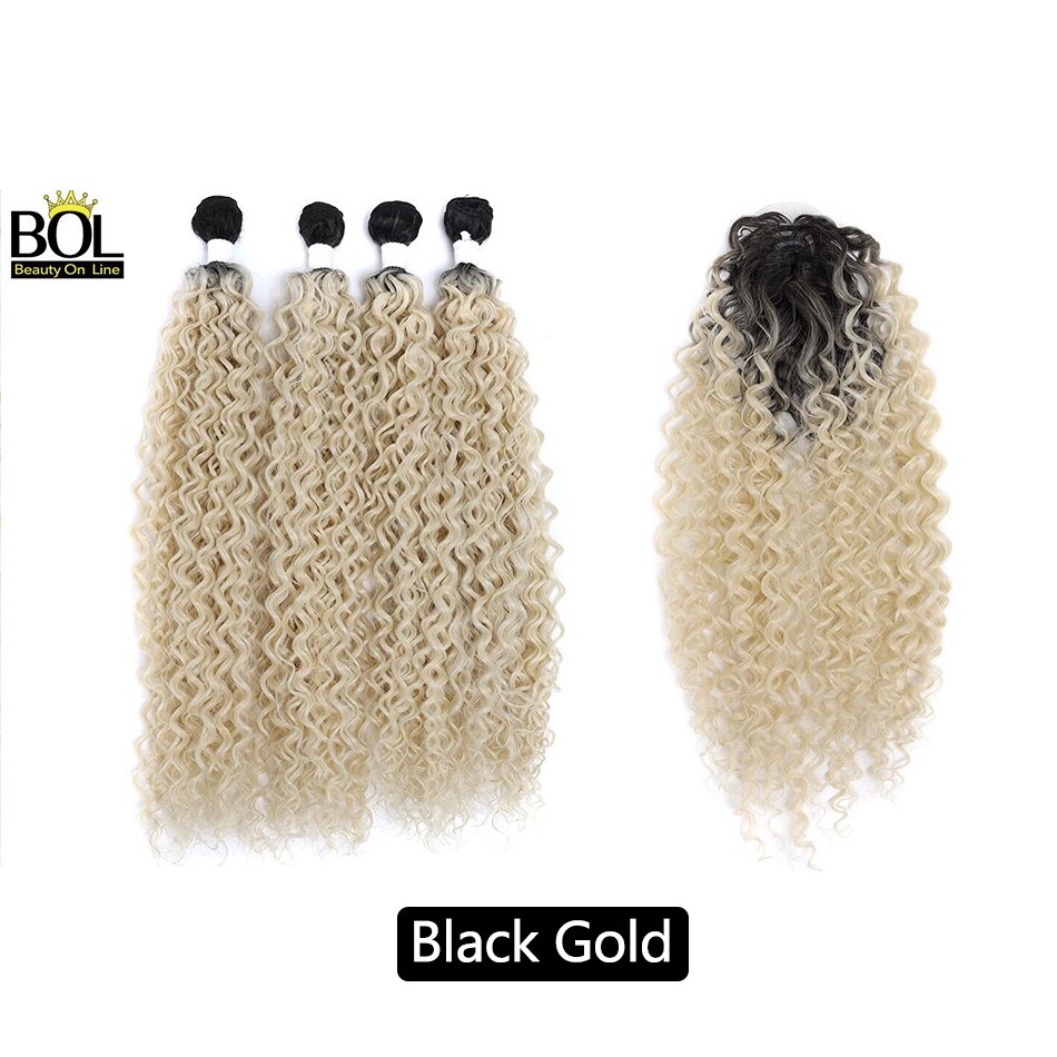 Water Wave Synthetic Curly Hair Bundles 4 Bundles(24*2+26*2) with Hair Topper High Temperature Resistan Fiber Hair Extensions: Black-Gold