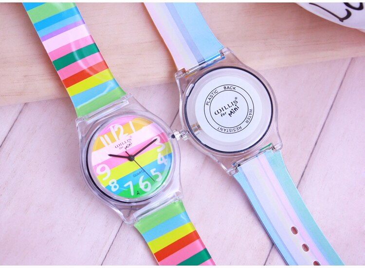 Regenboogstreep dames willis mini horloges hars tafel waterdichte dames tafel regenbogen horloges