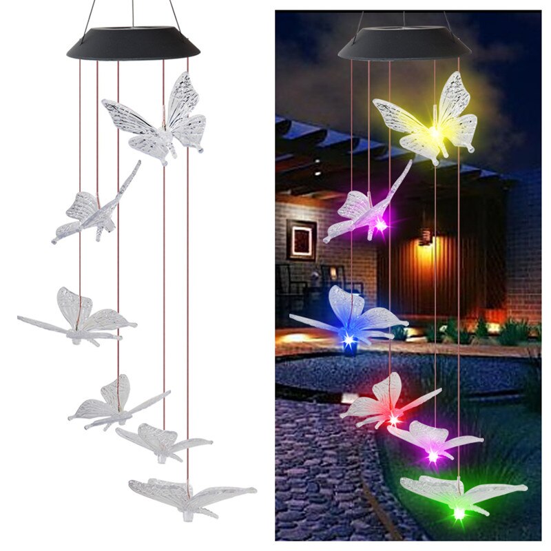 Carillón de viento Solar para exteriores, 6 LED, estilo mariposa, guirnalda de jardín impermeable, luces colgantes, lámpara Solar de decoración, Spinner de viento: A