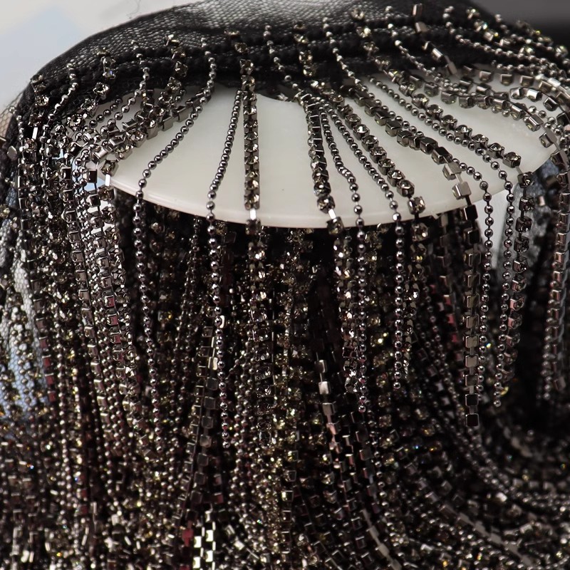 0.5m sølvgrå frynsede metallkjeder krystallperler blonder håndlaget duskkant gjør-det-selv jeans vesker sko og hatter dekorasjon anheng: Svart