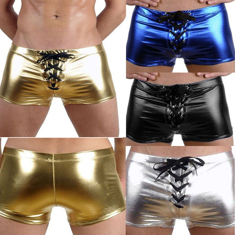 Hombres Sexy básicos brillante cuero de imitación de lujo boxeadores impermeable ropa interior de efecto mojado de latex corta bien vendaje ropa interior
