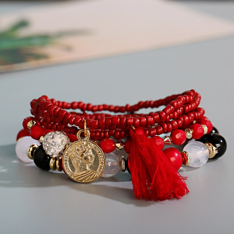 Pulseras de múltiples capas con abalorios bohemios para Mujer, brazaletes con borlas y cuentas de cubo étnico gitano: Style 8