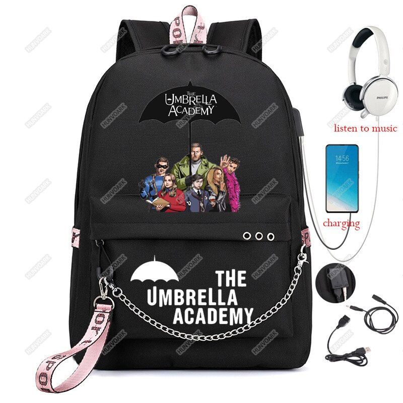 The Umbrella academy USB Backpack Women Men Teenager School Bag Women USB Travel Rucksack Large Mochila Escolar With Chain: Black-4