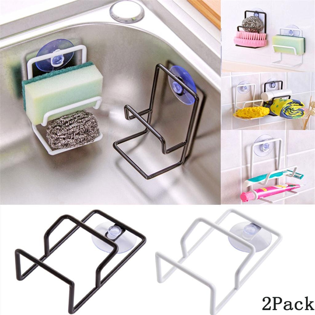 2 Pc Eenvoudige Met Zuignap Dubbele Smeedijzeren Sink Spons Keuken Zuignap Borstel Spons Wastafel Handdoekenrek wassen Houder