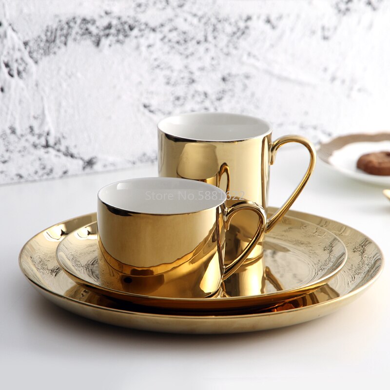 Kaffekoppsett Gull/Sølv Bone China - 260ml & 330ml Kopper med Skål