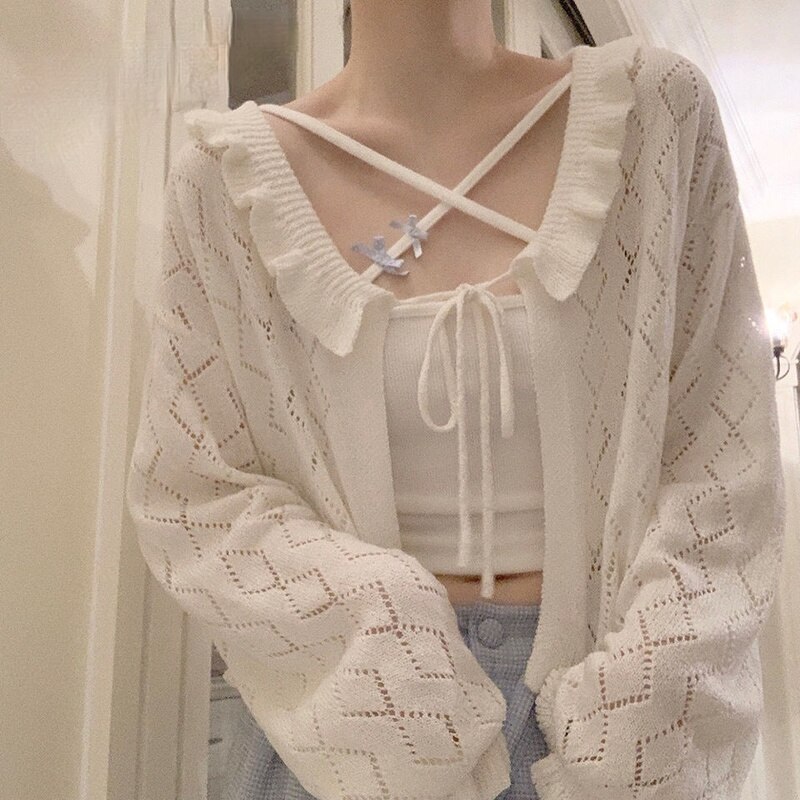 Chaquetas básicas de punto para mujer, prendas de vestir a prueba de sol, dulces, Retro, con cordones, estilo japonés, holgadas, que combinan con todo, de manga larga para estudiantes: L / white