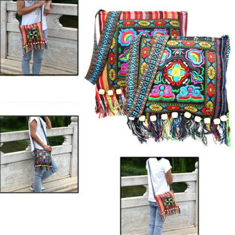 Dam vintage vintage broderi boho tote budväska etnisk tofs axelväska hippie crossbody väska