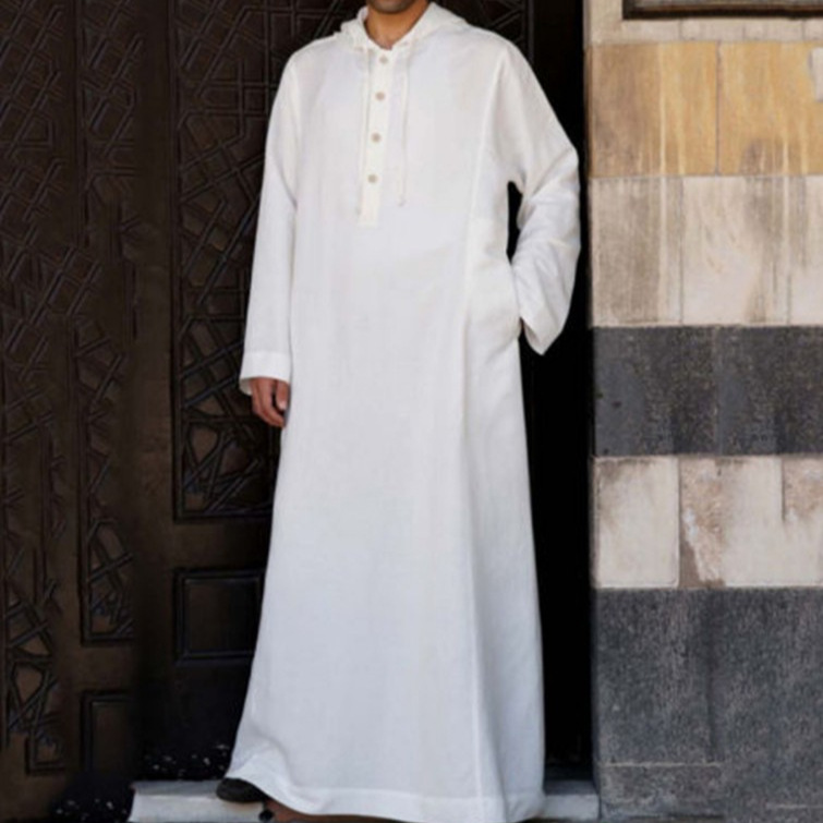 Muslim Man Hooded Long Abaya Leisure Cotton Kaftan Jubba Men Adults Jubba Thobe Islamic Tunic Saudi Arabic Dress Kamis Homme: S / Cream