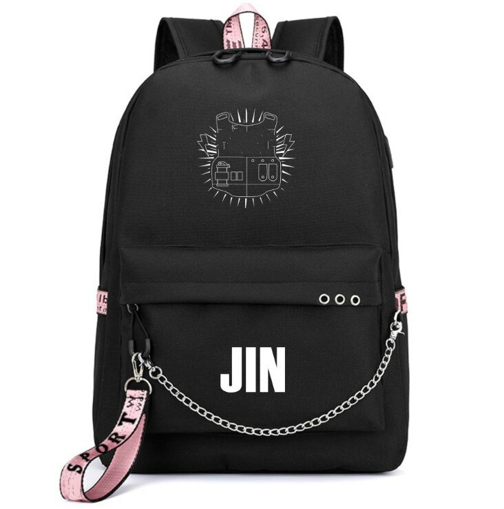 Bangtan niños Rap monstruo JUNG KOOK mochilas JIMIN bolsas de la escuela Mochila bolsas de viaje portátil Mochila con cadena de puerto USB: 12