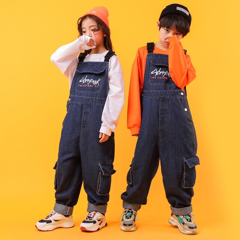 Peto vaquero de Hip Hop para niños y niñas, pantalones Cargo, Mono Grande, ropa holgada, disfraz de para adolescentes