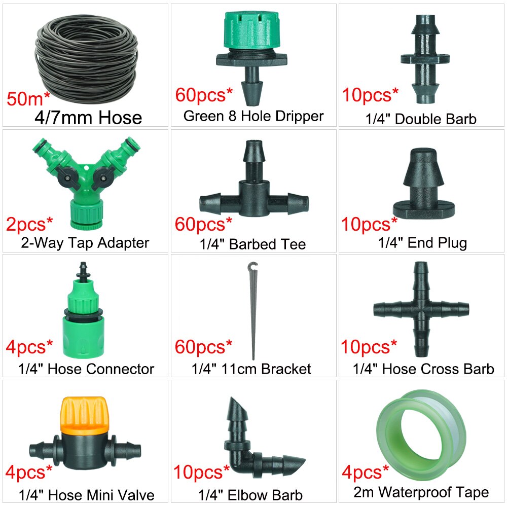50M-5M 1/4'' Hose Micro Drip Irrigation System Garden Greenhouse Plant Watering Kit With Adjustable Drippers Sprinkler Emitter: 50 m