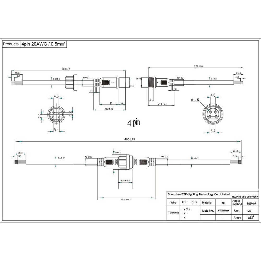 4Core 4pin Black Pigtail Plastics Waterproof IP65 LED Connector Male Female for 3528 5050 LED Strip Light, Applicable 20AWG 0.5m