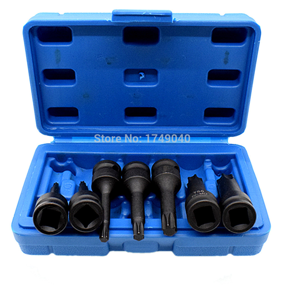 Slag torx star bits socket 7pc sett 3/8 &quot; firkantet drev  t20 t25 t30 t40 t50 t55 t60 muffbits i krom molybden stål 60mm lange
