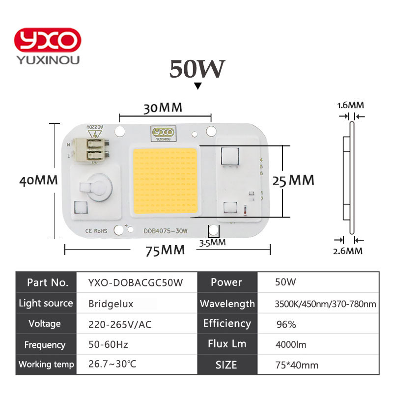 YXO YUXINOU DOB LED COB Chip 50W 40W 30W 20W 10W AC 220V No necesita controlador lámpara de bombilla IC inteligente para reflector LED DIY