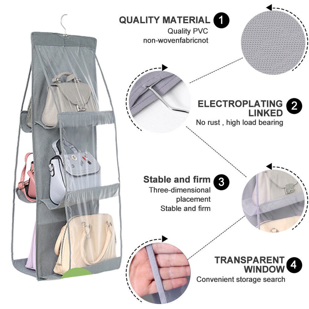 6 Pocket Foldable Hanging Bag 3 Layers Folding Shelf Bag Purse Handbag Organizer Handbag Storage Hanging Door Pocket Closet Hang