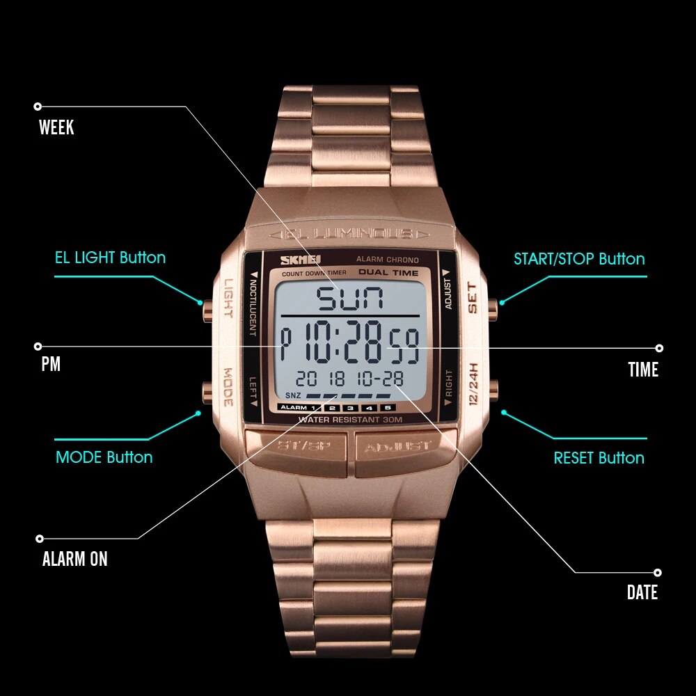Skmei digitale sporthorloge voor heren met achtergrondverlichting, roestvrijstalen band, wekker, aftelfunctie en glazen spiegel, polshorloge