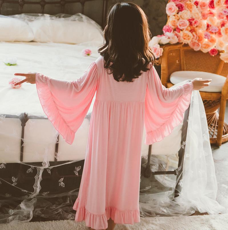 100% de algodón para niñas, vestido para dormir de princesa con retazos de encaje y mangas acampanadas, para niños, primavera y otoño, nuevos productos homeclothes 4-14Y ws1392