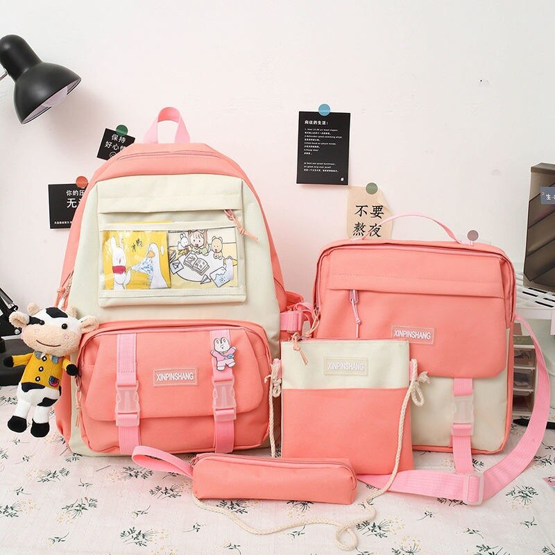 4 unids/set de lona mochilas para mujeres lindo bolsas para la Escuela de las niñas adolescentes bolsas los estudiantes mochilas para mujer mochila: Pink cards / Only backpack