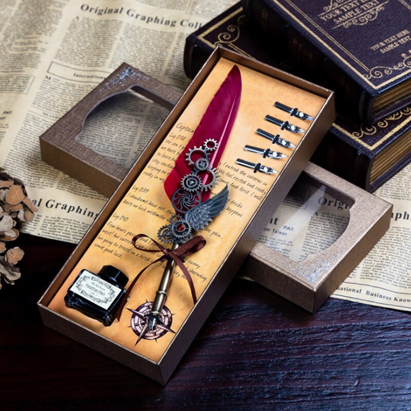 Luxury Fountain Pen Set Colorful Vintage Feather Pen Classic Calligraphy Ink Pens Dip Quill for Student Writing Pen Box set: 19