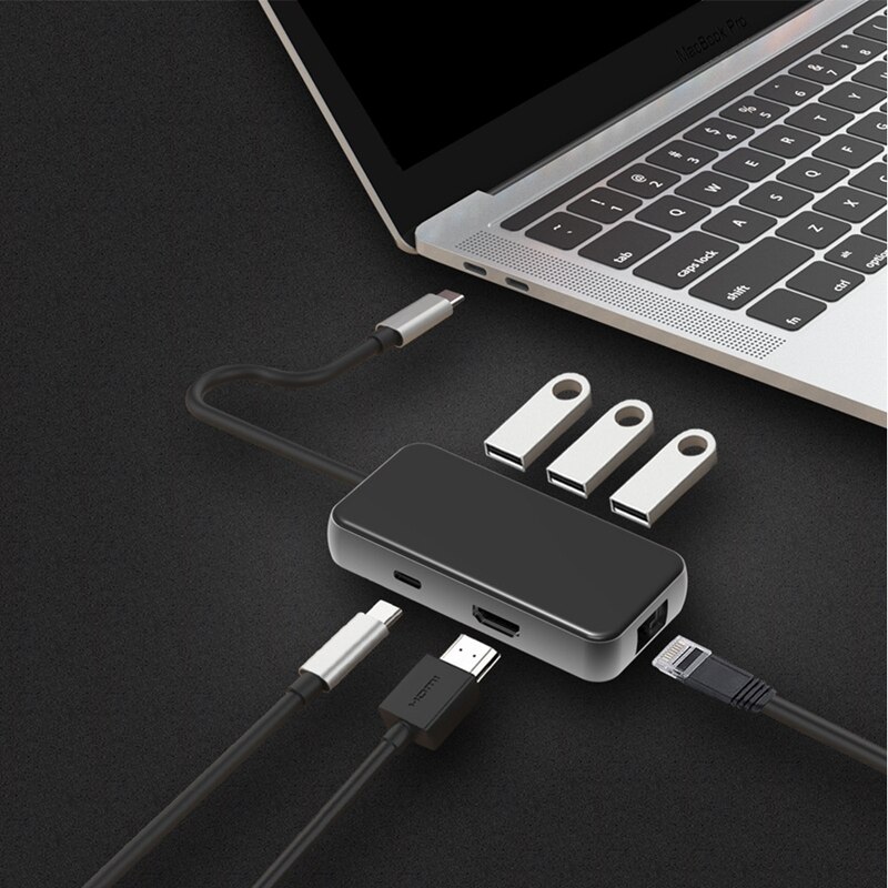 6 in 1 USB C Hub Type C to HDMI USB 3.0 PD Charger Adapter RJ45 RJ45 Gigabit Ethernet Port for Pro