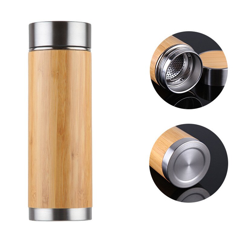 350ml 450ml Custom Bamboo Reusable Coffee Cup Stainless Steel Double Wall Bamboo Travel Mug Water Bottle With Lid