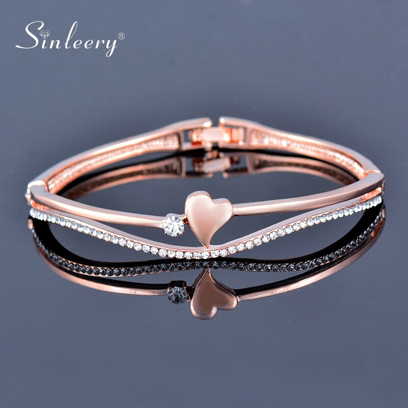 SINLEERY Romantic Rhinestone Heart Bangle For Women Rose Gold Silver Color Wedding Bracelets Jewelry SL490 SSF