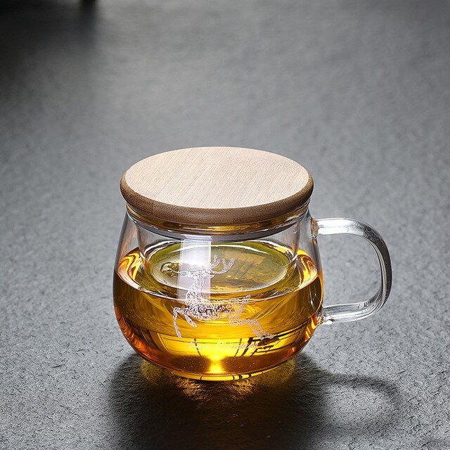 Transparent Glass Tea Cups Household Flower Teacups with Lid and Filter Heat Resistant Water Mug Office Drinkware: 350ml A