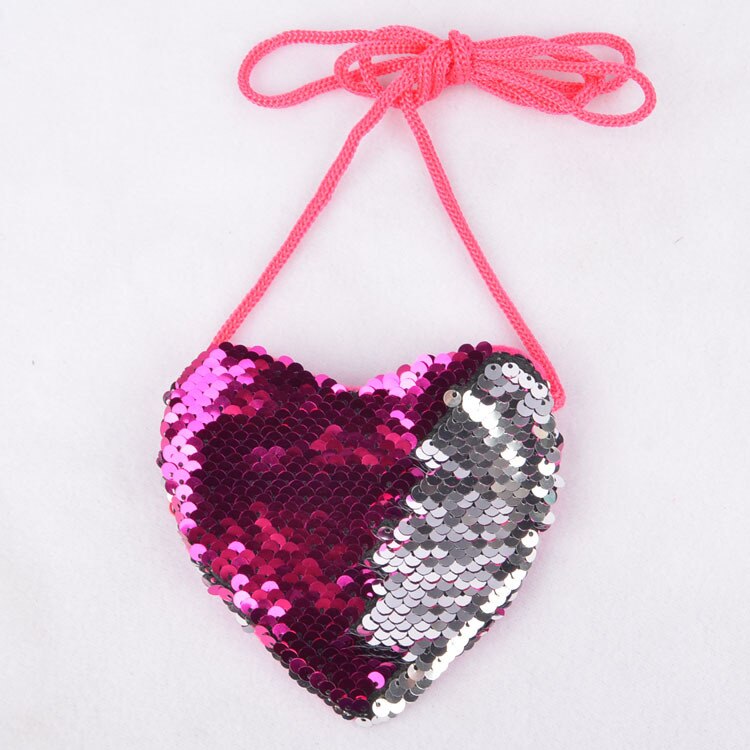 Style Heart Coin Purses PU Leather Purses Sequins Small Fresh Casual Pu Coin Wallet Girl Bag: Rose Red-Silver