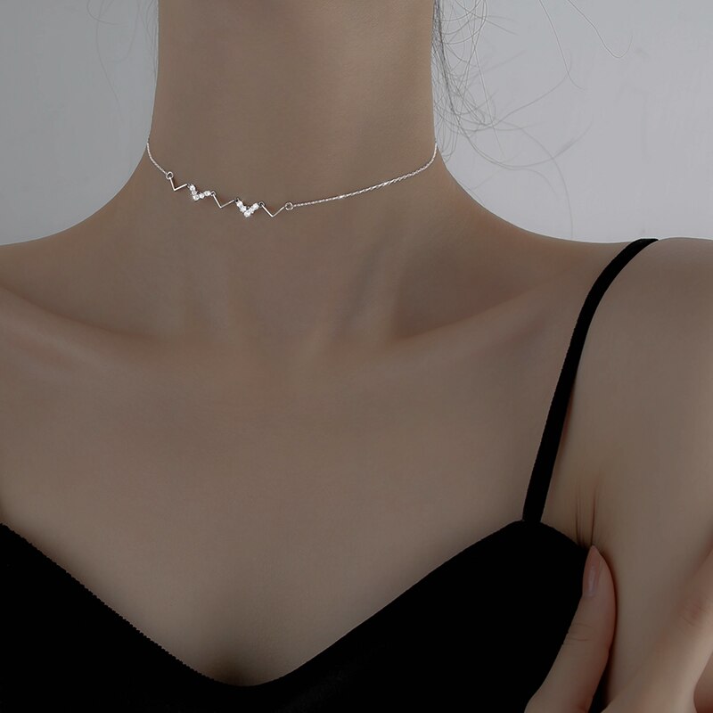 Heartbeat letter v Cubic Zirconia 925 Sterling Silver Clavicle Chain Necklace For Women Korean Minimalist Dainty Jewelry SN2440