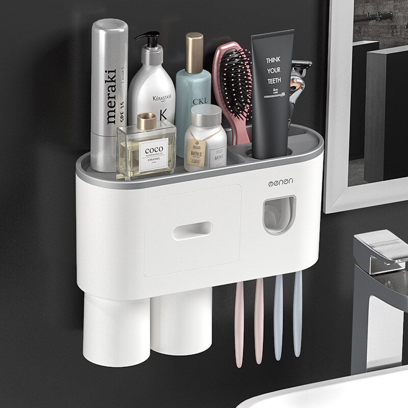 Magnetic Adsorption Toothbrush Holder Automatic Toothpaste Squeezer Home Storage Shelves Wall-mounted Bathroom Accessories Set: 2 Cups Gray