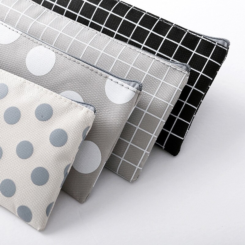 1 Pcs Kawaii Simple Grid Dot Canvas Pencil Bag Stationery Storage Organizer Pencil Case Office School Supply Pencil Box