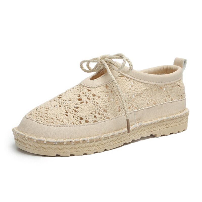 COOTELILI – chaussures plates respirantes à lacets pour femmes, Oxfords ajouré, bout rond, blanc, Beige: Beige / 5