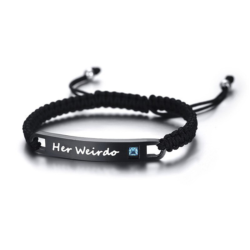 His Crazy Her Weirdo Stainless Steel Tag Couple Bracelet in Black Braided Rope Jewelry