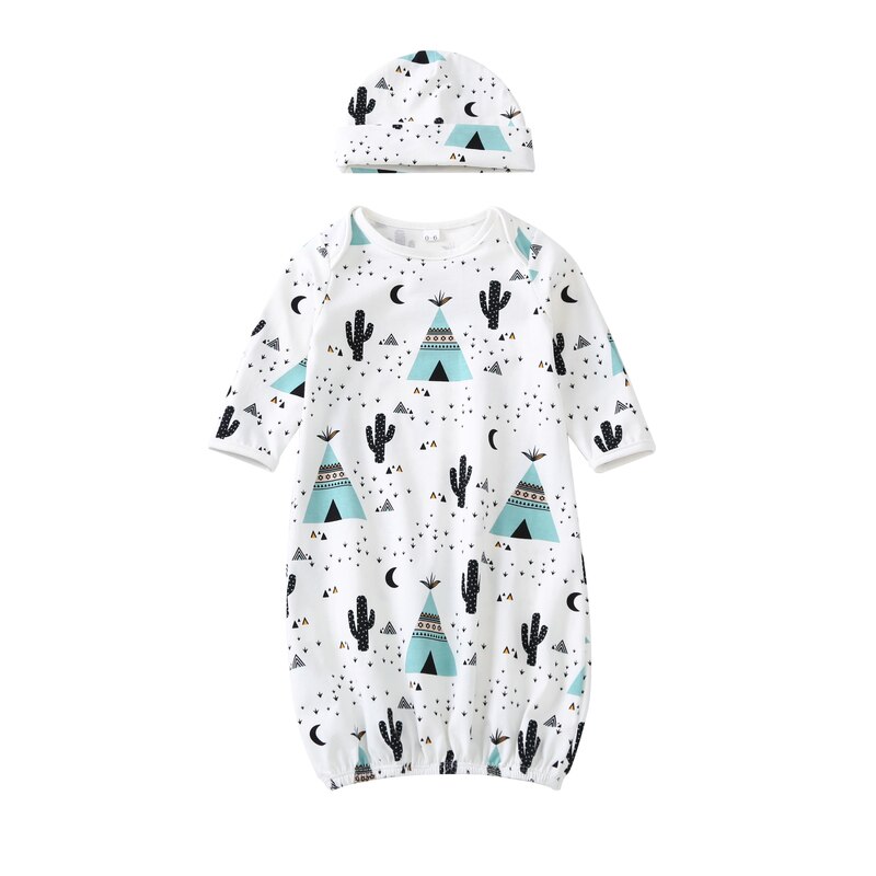 Baby Gowns Newborn Girls Boys Cartoon Pattern Sleeping Clothes Cotton Sleepwear Gown Robes Clothes With Hat 23