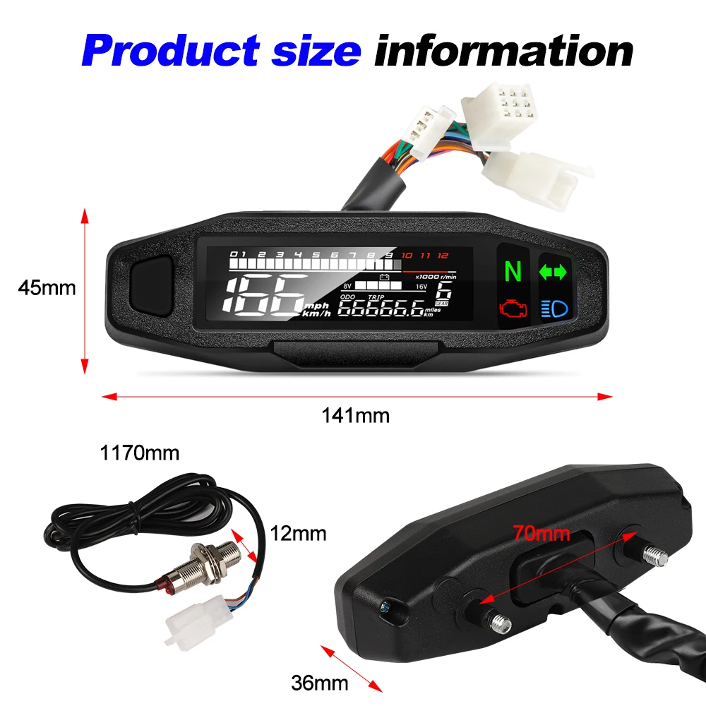 12V Digital Motorcycle Speedometer Moto Meter Tachometer Odometer Instrument Sensor Speed Fuel Gauge Tacho RPM Meter Waterproof