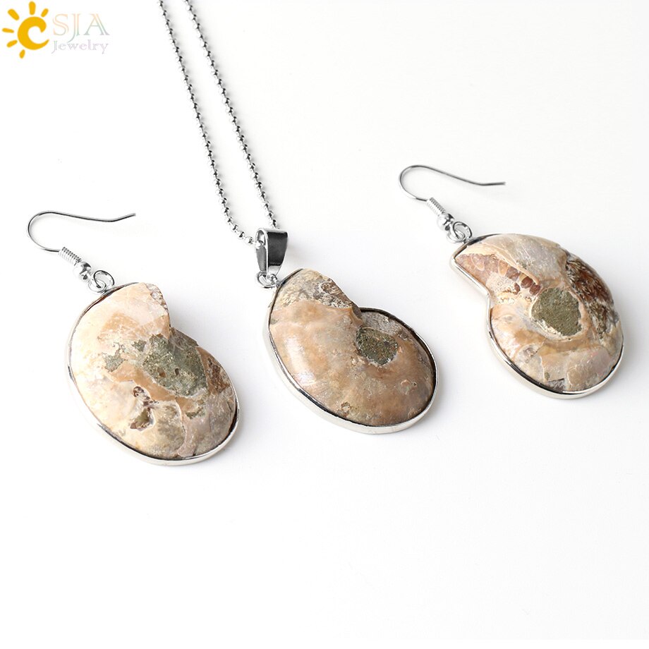 CSJA Natural Unique Ammonite Jewelry Set Fossils Necklaces Pendants Conch Shell Snail Spiral Dangle Earrings Pendants Sets E392