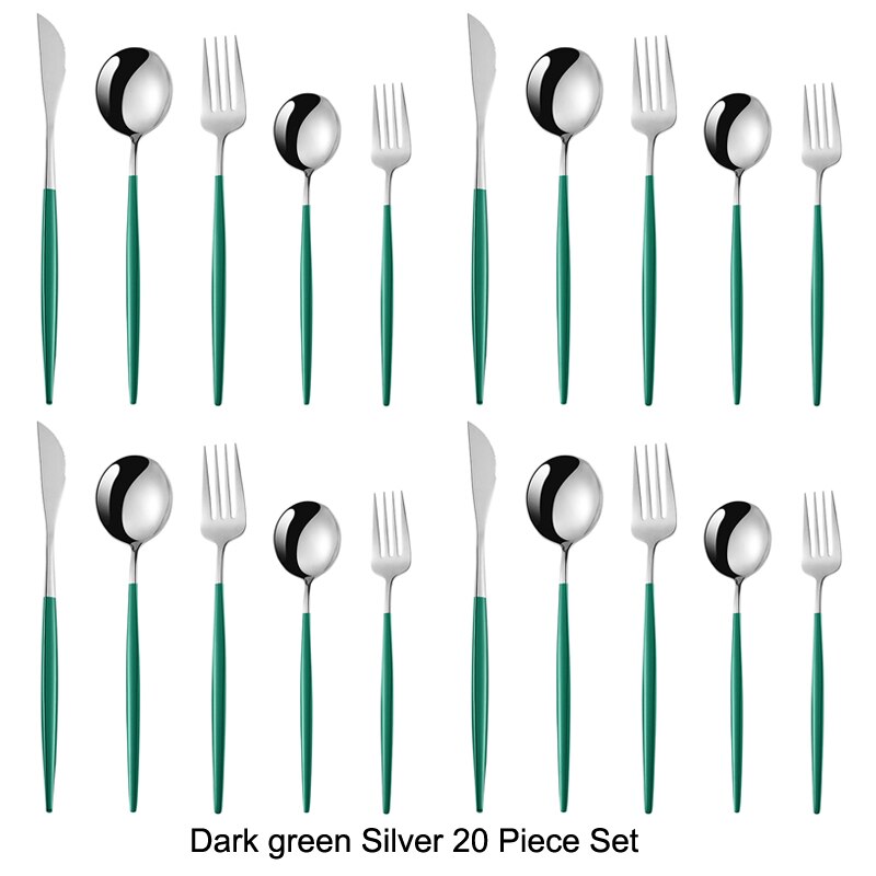 20 pièces or noir ensemble de couverts ensemble de vaisselle 18/10 acier inoxydable couteau Dessert fourchette cuillère vaisselle argenterie directe: Green Silver