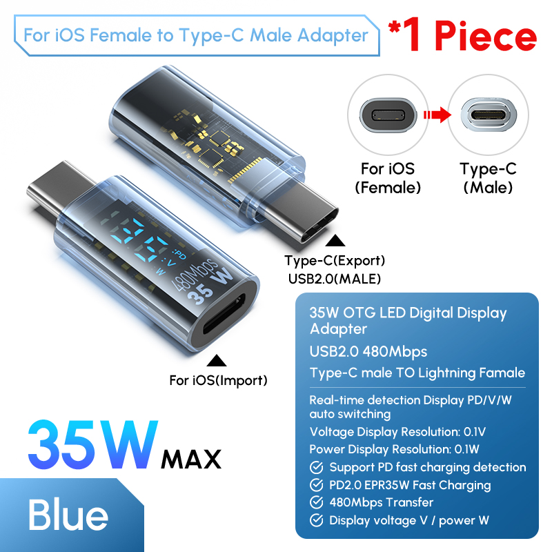 Adaptador de cargador Lightning hembra a USB C de 35W para IPhone 15 14 13 12 Pro Max tipo C conector de probador de potencia de carga de 8 pines: orange