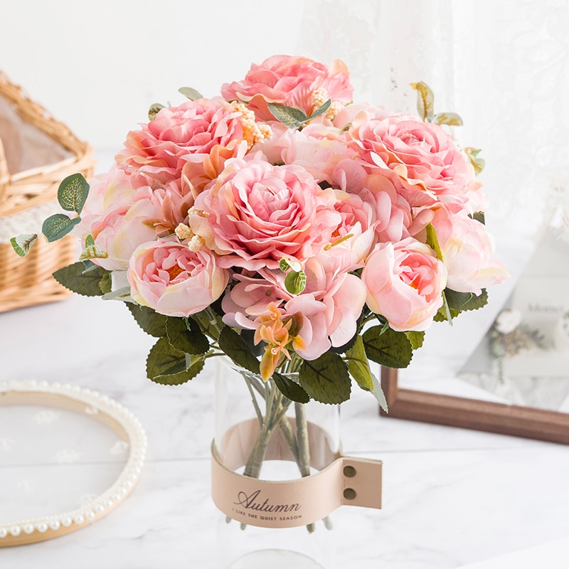 Zijde Rose Pioen Kunstbloemen Boeket Vaas Voor Home Decor Kerst Wedding Bridal Accessoires Klaring