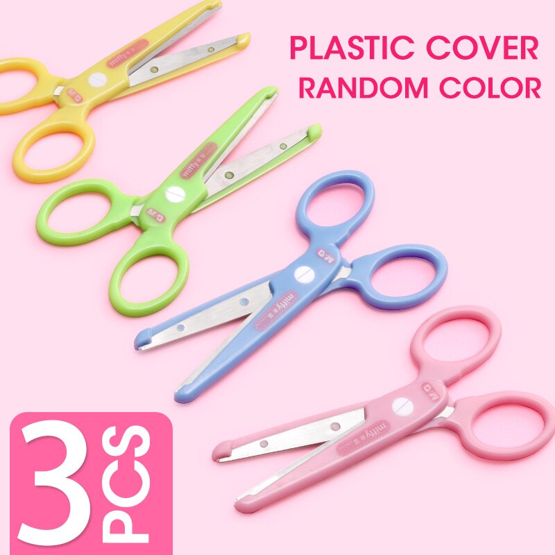 M&G SAFE Plastic Kids Scissors Children Flower Cutting Mini Andstal Paper Scissor Folding Craft Scissor for School Supplies: 3pcs Plastic Cover