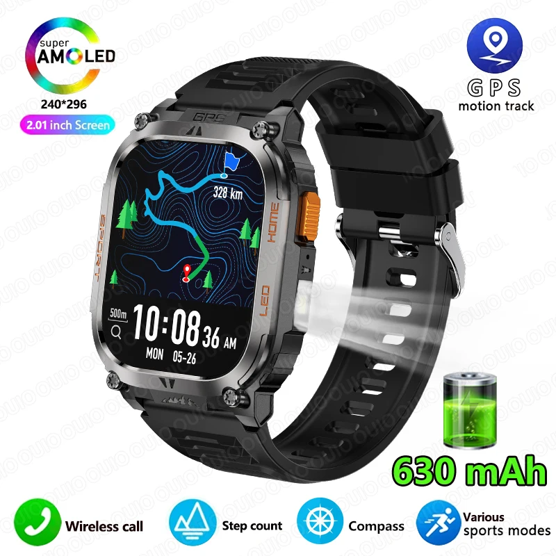 Smartwatch z wbudowanym GPS, wodoodporny IP68, bateria 630 mAh, kompas, barometryczny wysokościomierz, odtwarzanie muzyki Bluetooth, sterowanie głosowe AI, połączenia BT.: BIAŁY