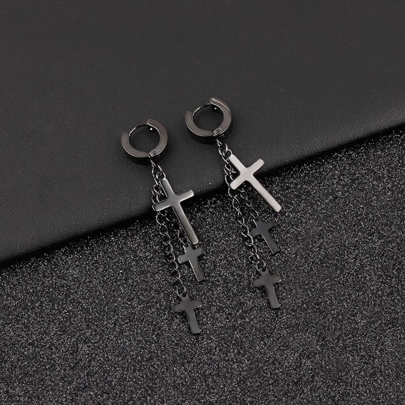 Gothic Cross Chain Oorbellen Voor Vrouwen Roestvrij Staal Blauwe Strass Kwastje Veer Accessoires Charmant Mannen Stud Party Sieraden