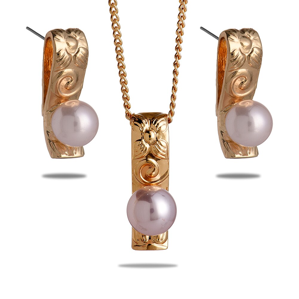 SophiaXuan Hawaiian Jewelry Set Pink Pearl Necklace Polynesian Necklace Samoa Gold Plated Earrings Set for Women