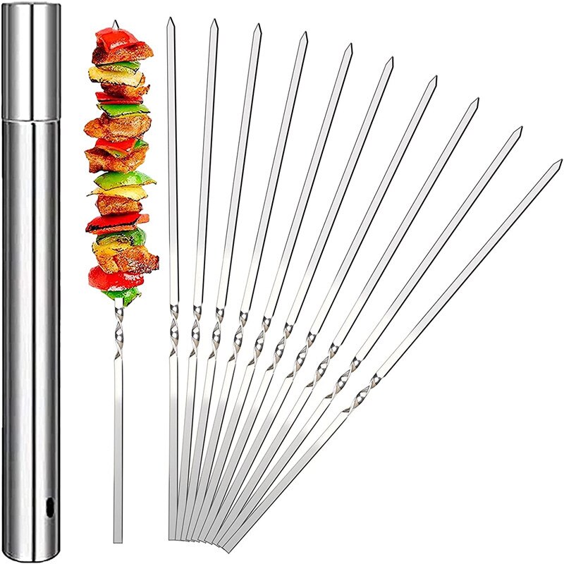 Brochettes de Barbecue réutilisables avec Tube de rangement, en acier inoxydable, accessoires de cuisine d&#39;extérieur