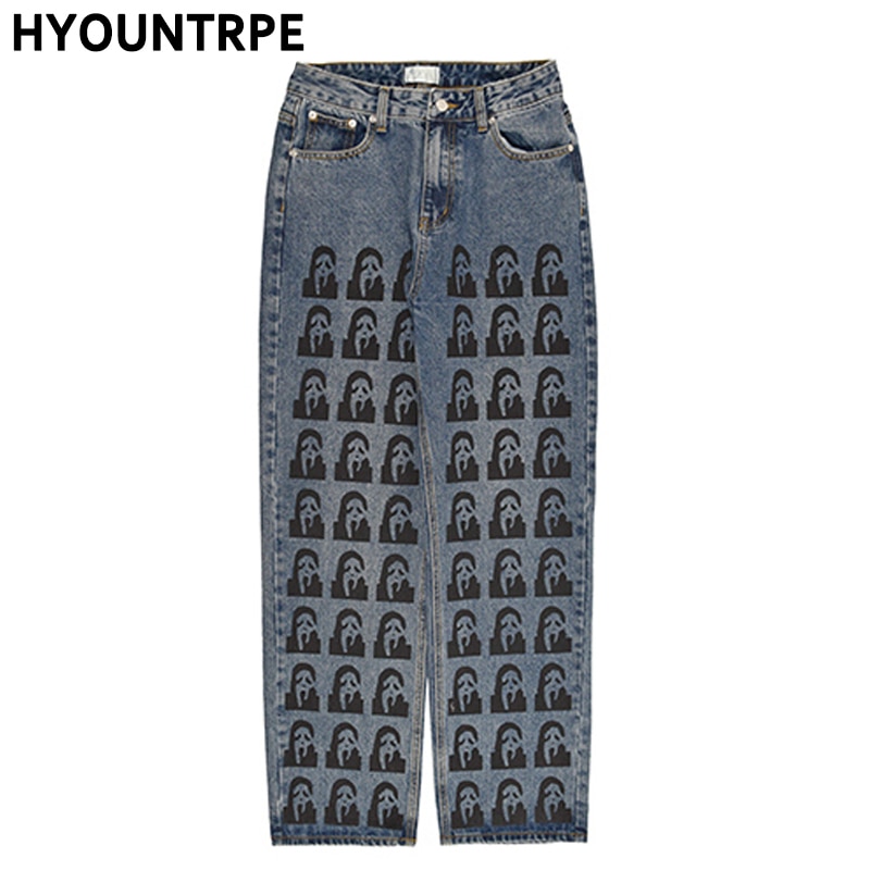 High street harajuku trykte denimbukser herre lige lynlås jeans bukser hip hop streetwear afslappet løst joggers jean bukser