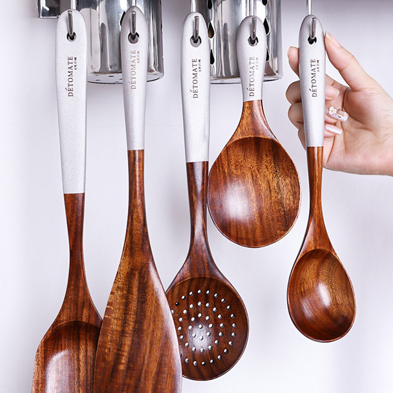 Retro Wood Cooking Utensils Set Heat Resistant Kitchen Non-Stick Cooking Utensils Baking Tools for Tableware Household