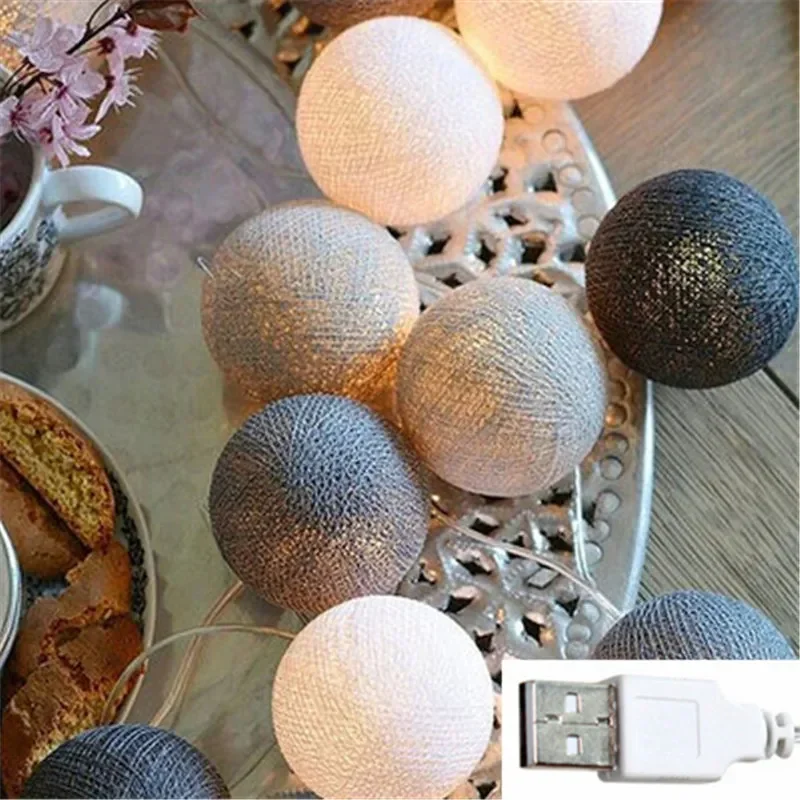 LED-Lichterkette mit Baumwollkugeln, batteriebetrieben oder USB-betriebene Feengirlande, Lichterketten, Weihnachten, , Hochzeit, Party-Dekoration