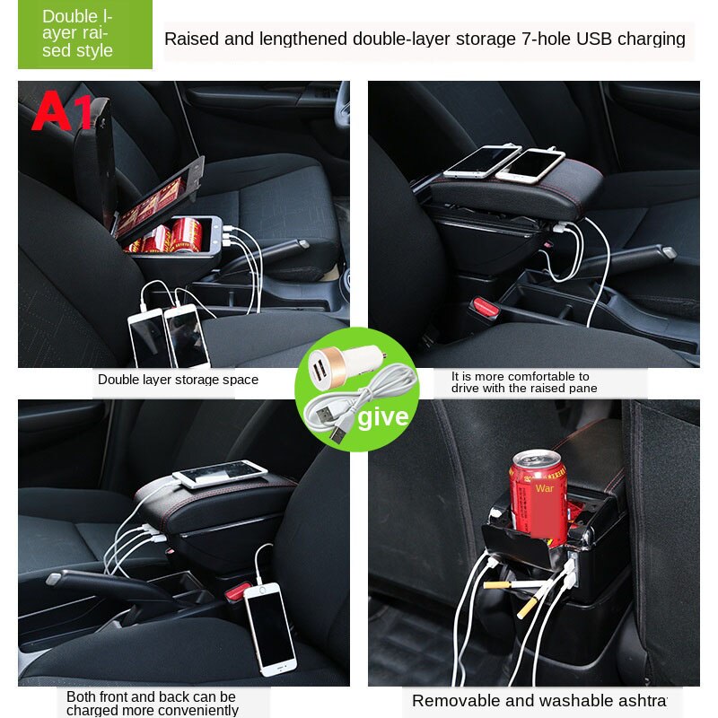 til kia rio armlen til sør-amerika ettermontering deler dedikert bil armlen boks senter oppbevaringsboks biltilbehør interiør usb: A1 svarte 7 usb