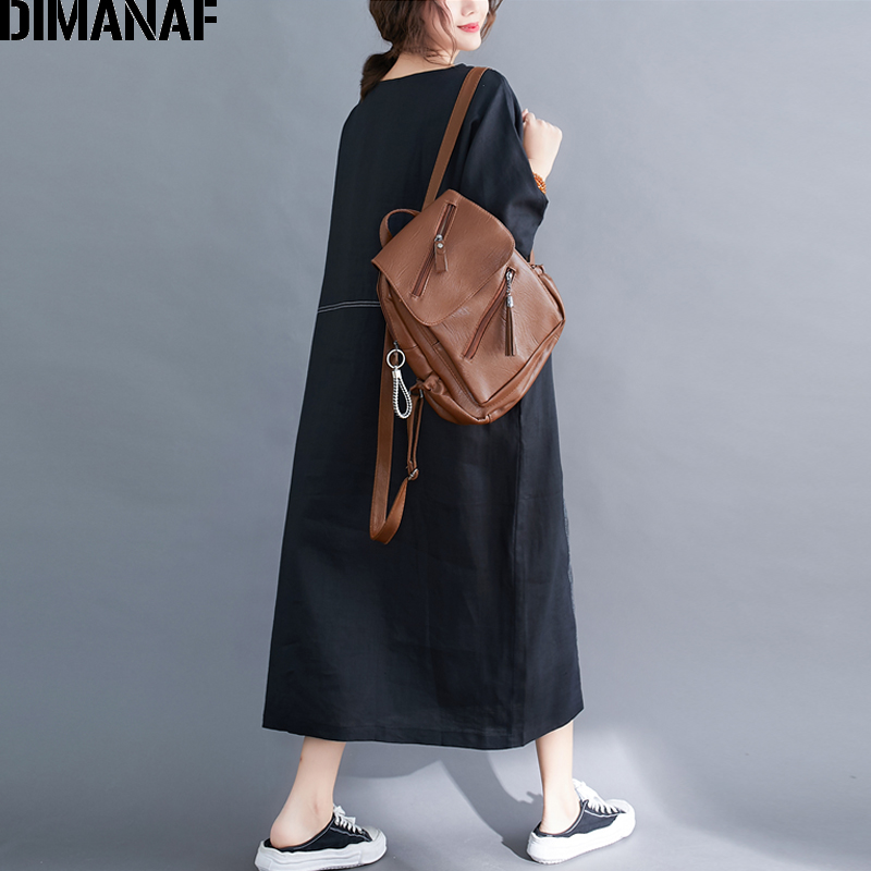 DIMANAF-vestido holgado informal de lino y algodón para verano, traje holgado para mujer en tallas grandes, color negro,